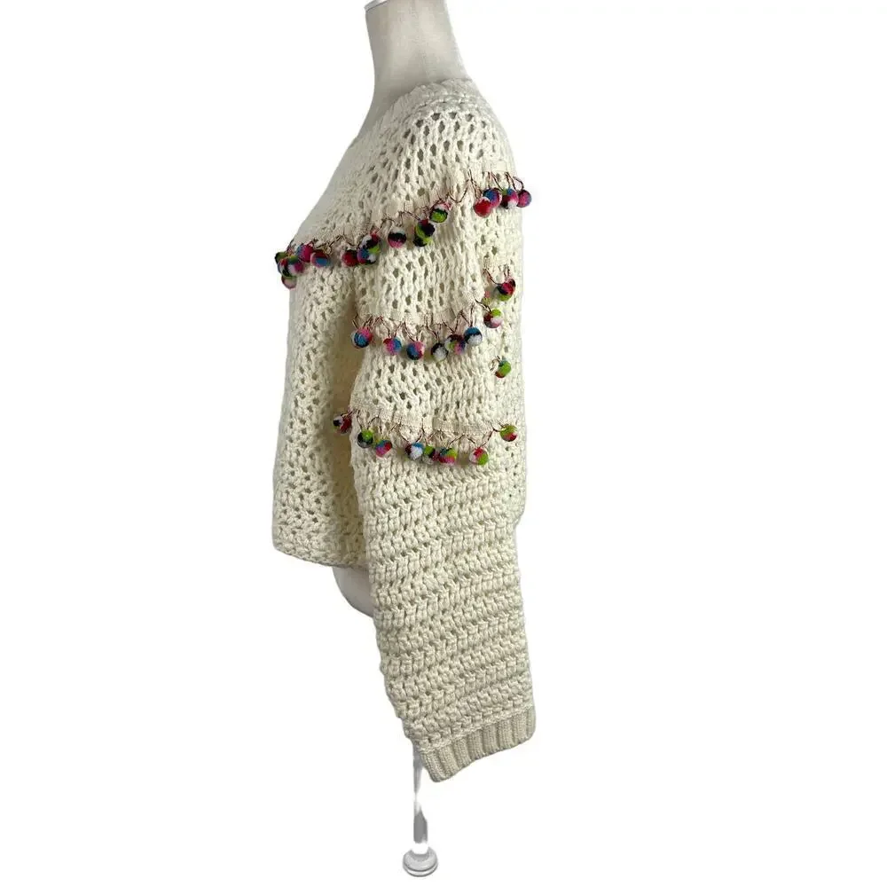 Zara Knit Chunky Pom Pom Oversized Jumper Sweater Size Small Cream